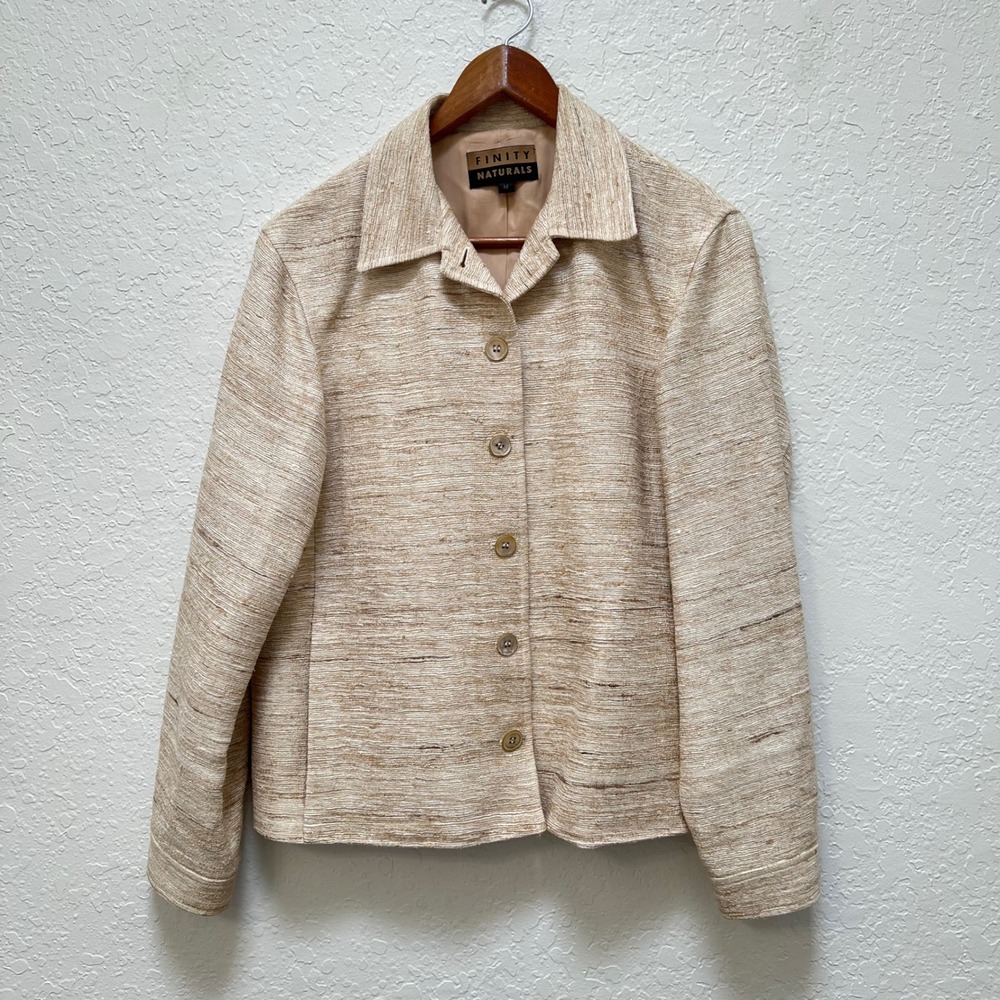 Finity Naturals 100% Silk Jacket Womens Medium Tan Tweed Safari  VTG 90s USA